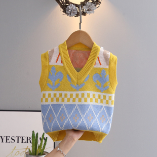 男孩童装 女童V领菱格外穿撞色针织毛衣背心 儿童坎肩马甲25春秋款