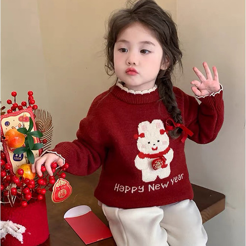 女童加绒毛衣加厚加绒新年装儿童针织打底衫女宝宝中小童毛线上衣