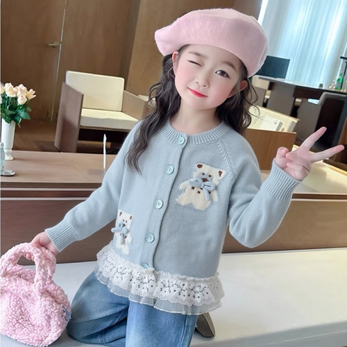 女童针织开衫春季2026新款女孩卡通时尚花边毛衣儿童甜美洋气春装