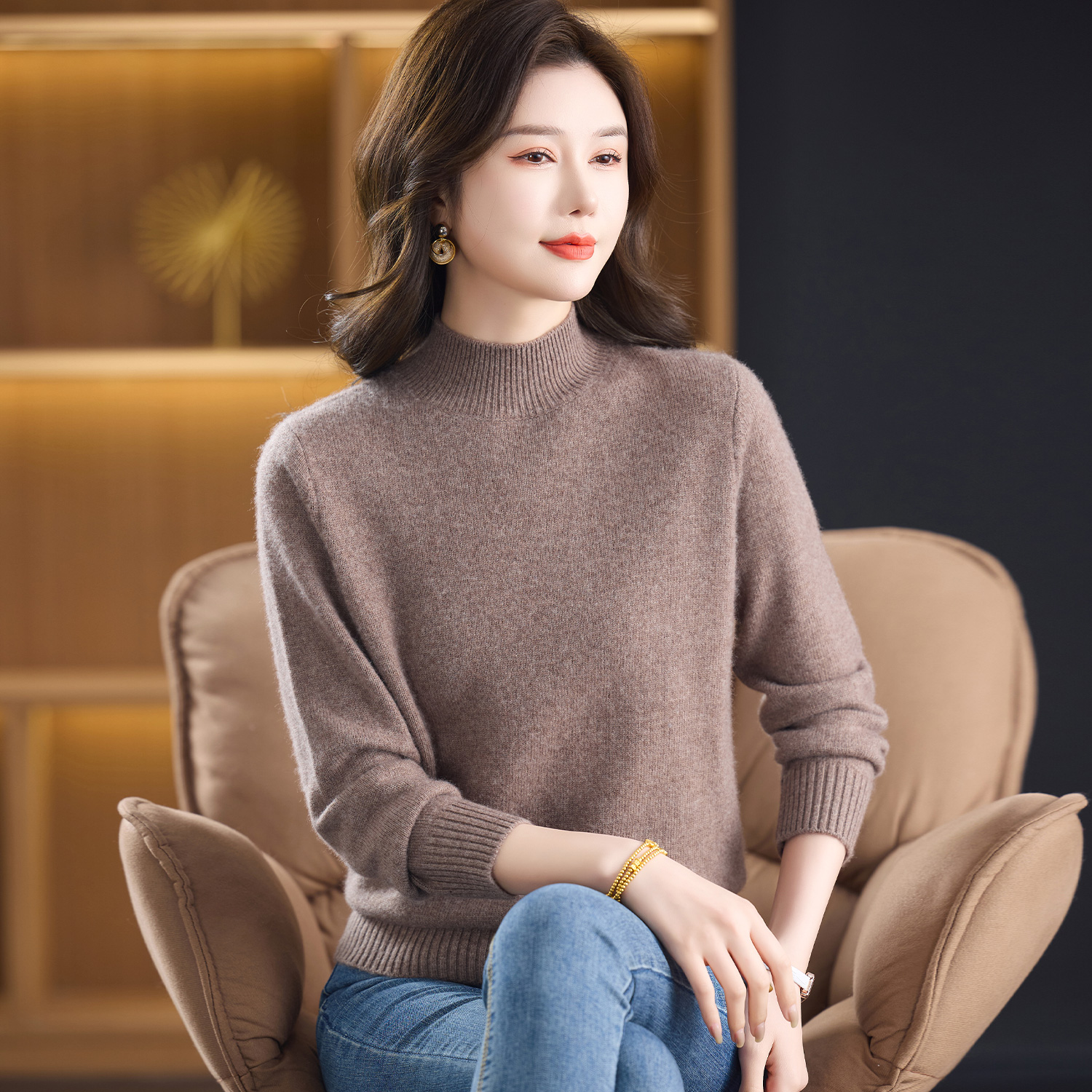 100%纯羊绒衫中老年半高领毛衣