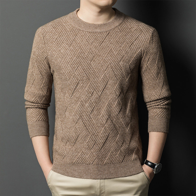鄂尔多斯市男士羊绒衫100%纯羊绒衫秋冬圆领加厚保暖山羊绒毛衣男