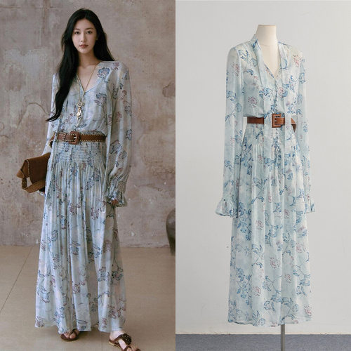 超仙飘逸旅游度假风收腰连衣裙高级感轻奢雪纺碎花长裙女