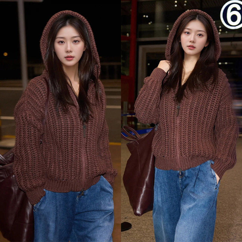 朱珠同款高定羊绒开衫针织毛衣轻奢减龄棕色连帽毛织外套