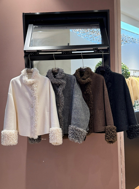 金-法式复古毛领立领宽松短款羊毛外套（含91.6绵羊毛）866-25336