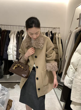 金-古毛领宽松羊毛外套（含92.9绵羊毛）(不可拆真羊毛毛领)25190