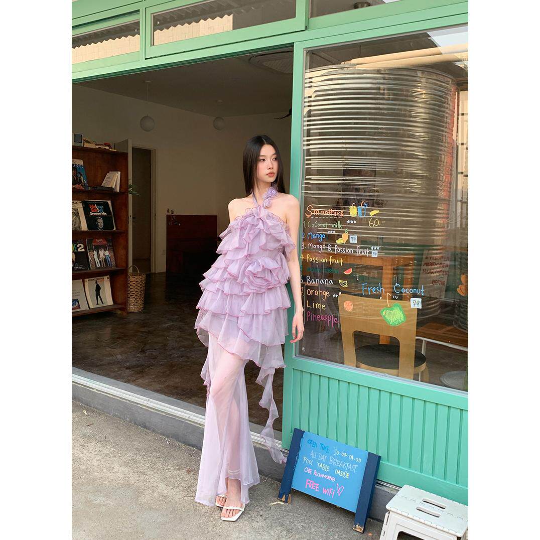 度假感慵懒不规则网纱立体玫瑰挂脖分体鱼尾长裙