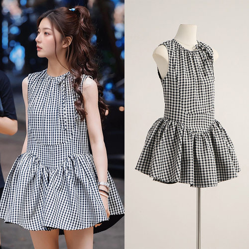 [现货]田曦薇同款千鸟格背心连衣裙高级感小个子法式修身短裙女夏