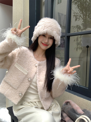 名媛羊毛小香风毛毛拼接短款外套