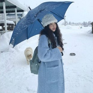 韩剧女主氛围感 软糯BABY蓝可爱减龄毛茸茸大衣外套 秋冬毛呢外套