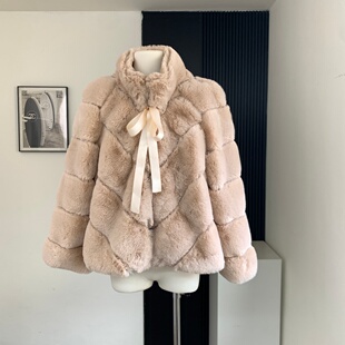 环保兔兔皮草外套 立领环保毛毛短外套女冬季宽松保暖外套