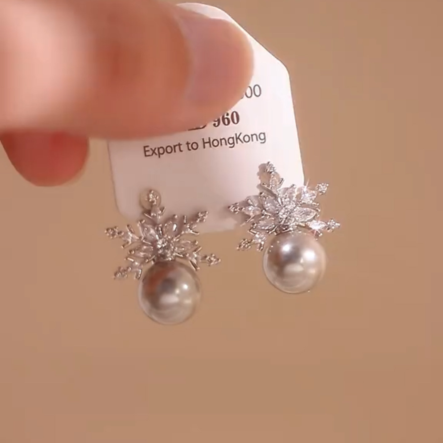 红楼银针耳钉女灰色雪花珍珠耳环