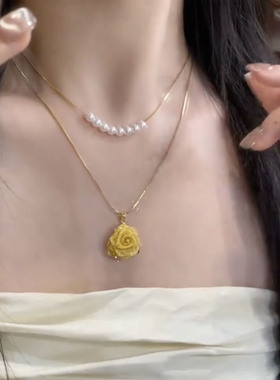 双层叠戴玫瑰花珍珠项链