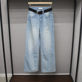 蓝色魅力浅蓝满天星烫钻宽松直筒牛仔裤2026年春季女装高腰爆闪裤