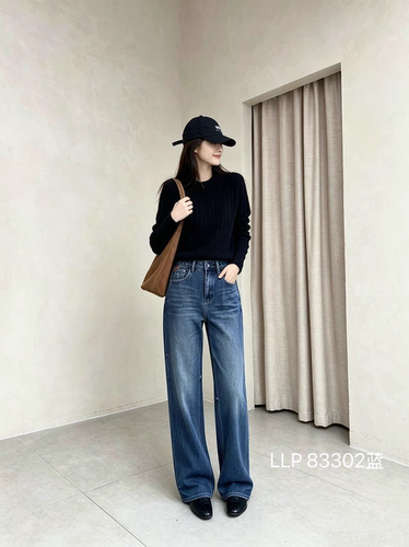 LLP83302蓝色高腰宽松直筒牛仔裤2026年秋季女装新款阔腿裤拖地裤