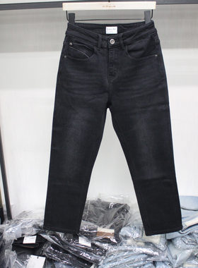 依炫韩95038-1水洗高级灰底抓毛小直筒牛仔裤2025年冬女八九分裤