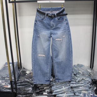 女九分阔腿裤 欧货6541蓝色水洗磨破宽松直筒牛仔弯刀裤 2026年春季