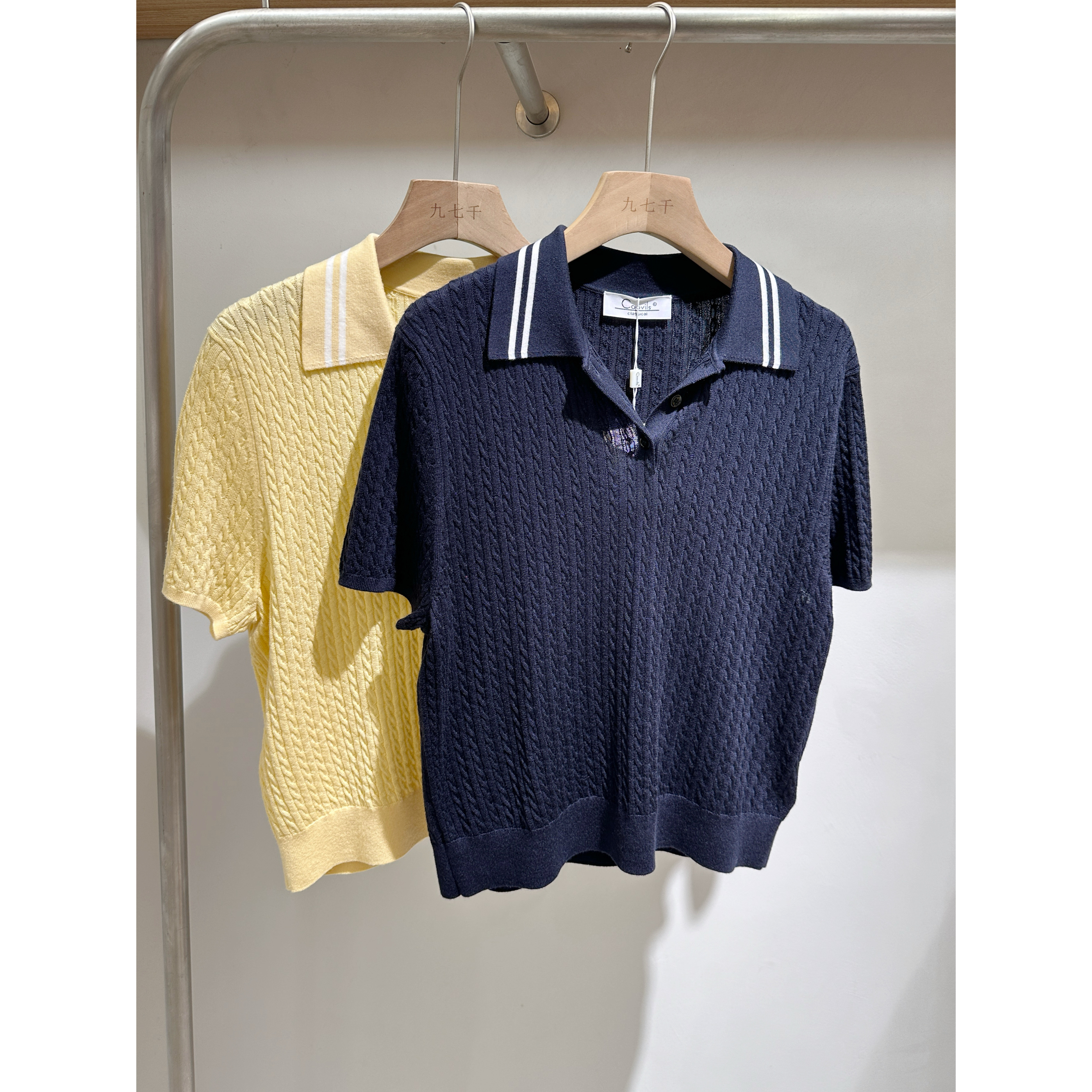 学院风翻领真丝羊毛短袖针织衫女春夏撞色半开扣套头亲肤T恤上衣