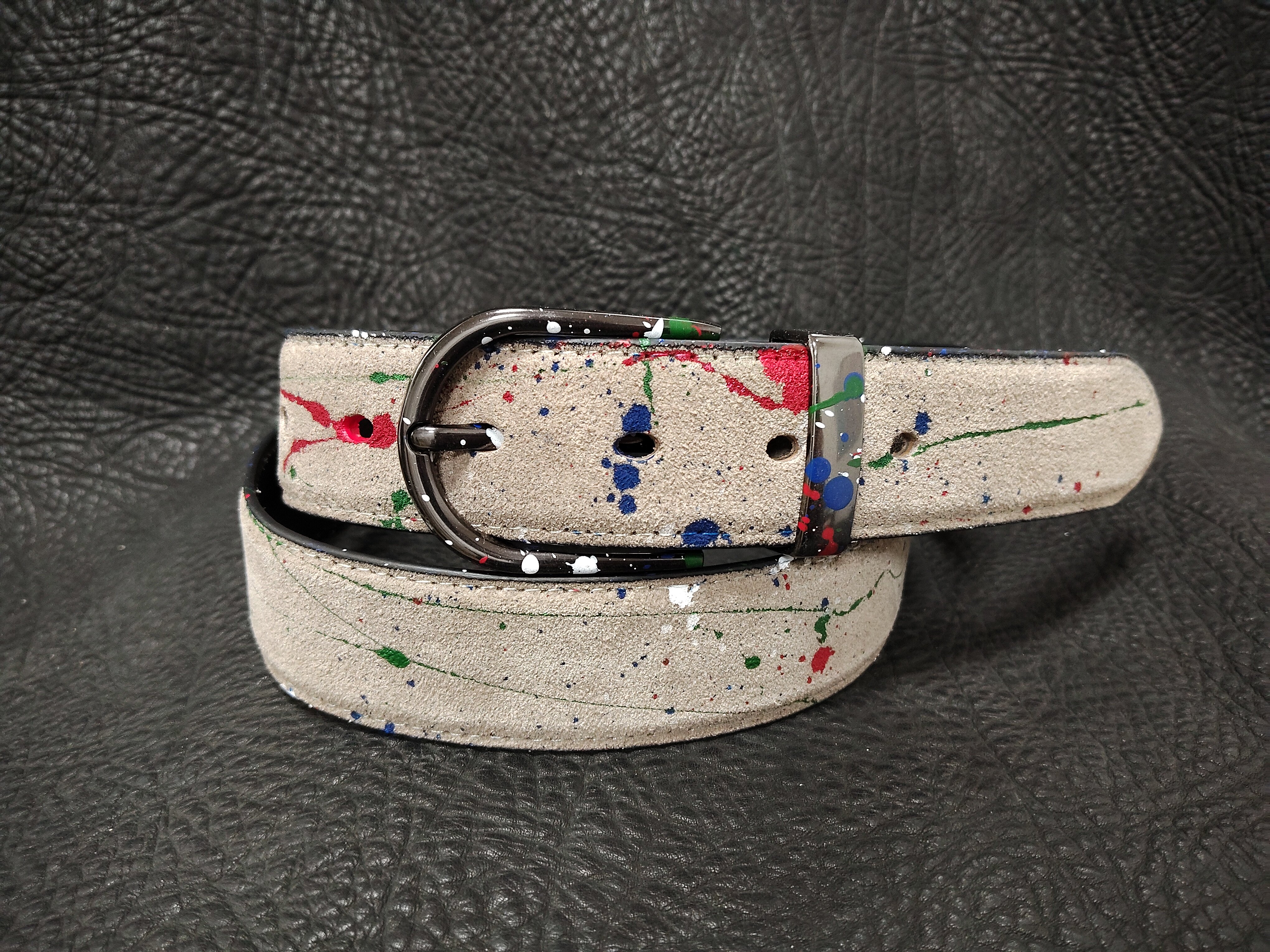 杏色鹿皮牛二层反绒磨砂牛仔裤百搭个性涂鸦真皮腰带宽度3.4厘米