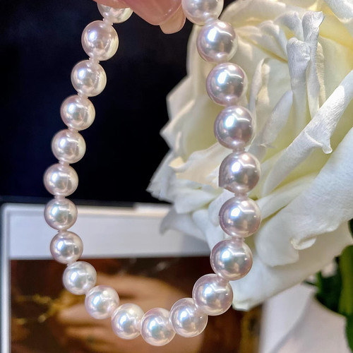 日本进口天然海水AKOYA 珍珠手链大点位满珠链极光白透粉送礼手串