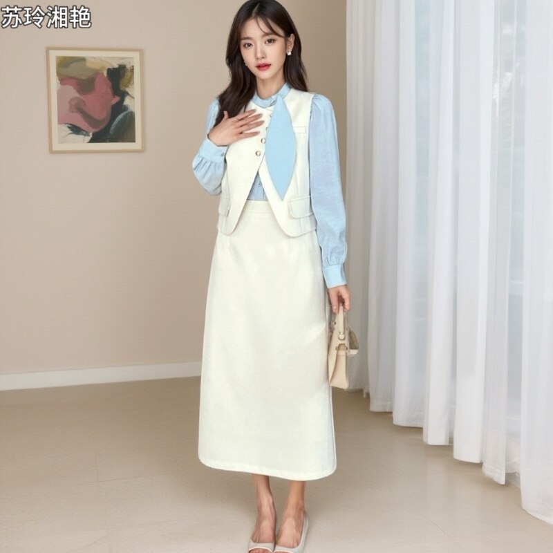 时尚职业套装裙女装春秋新款气质遮肉飘带衬衫背心马甲长裙三件套