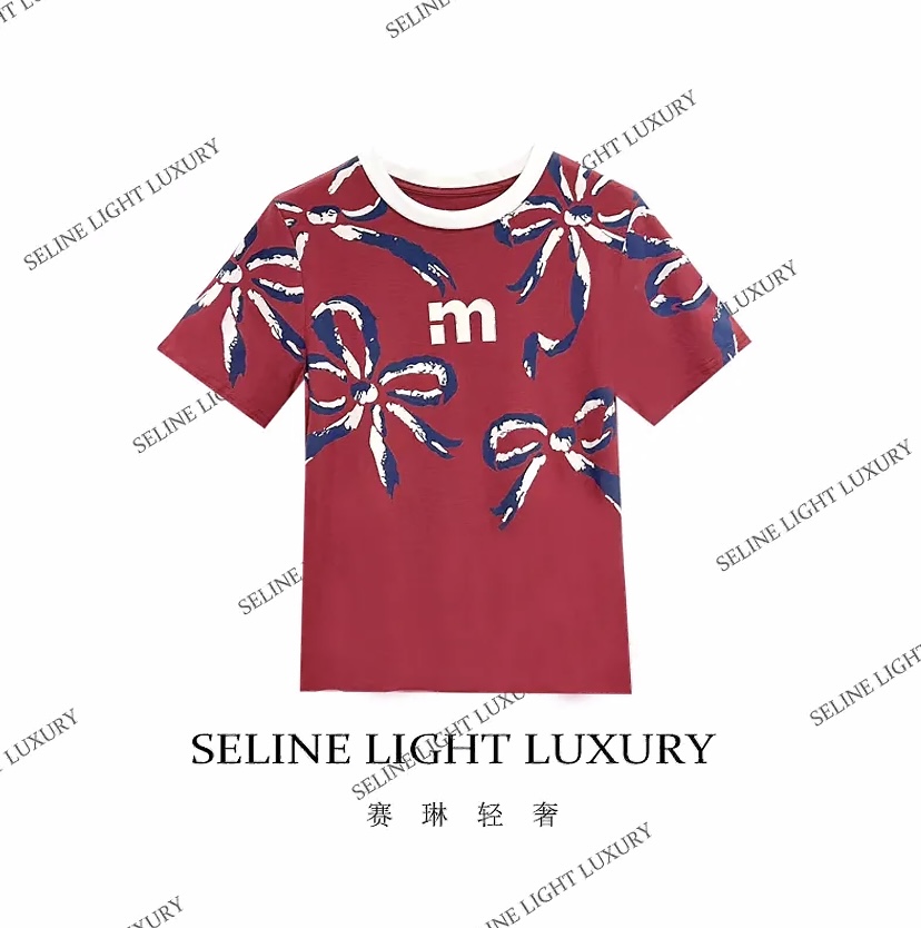 夏季女装SELINE轻奢原创设计感重工印花百搭蝴蝶结纯棉T恤