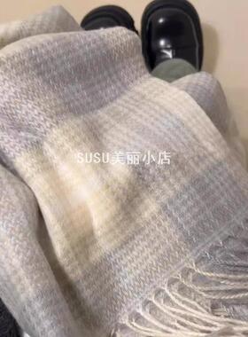SUSU围巾男青少年灰色格纹围巾冬季女韩系氛围感围脖披肩外搭护颈