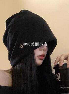 SUSU优雅大头围帽子金属字母小标黑色堆堆帽女秋冬百搭冷帽显脸小