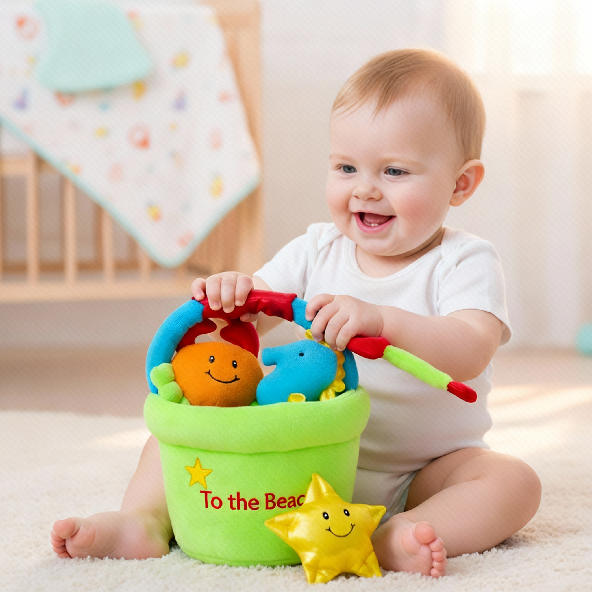 沙滩毛绒玩具套装毛绒海星螃蟹公仔沙滩铲沙滩桶婴儿安抚玩具1岁