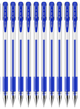 得力6601拔盖中性笔0.5mm蓝色12支/1盒)半针管型软胶护套办公油墨