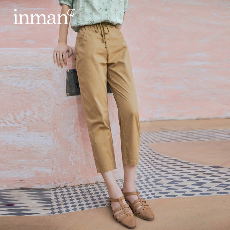 茵曼女裤夏季薄款透气凉快2020新款卡其色纯棉七分裤休闲裤高腰潮