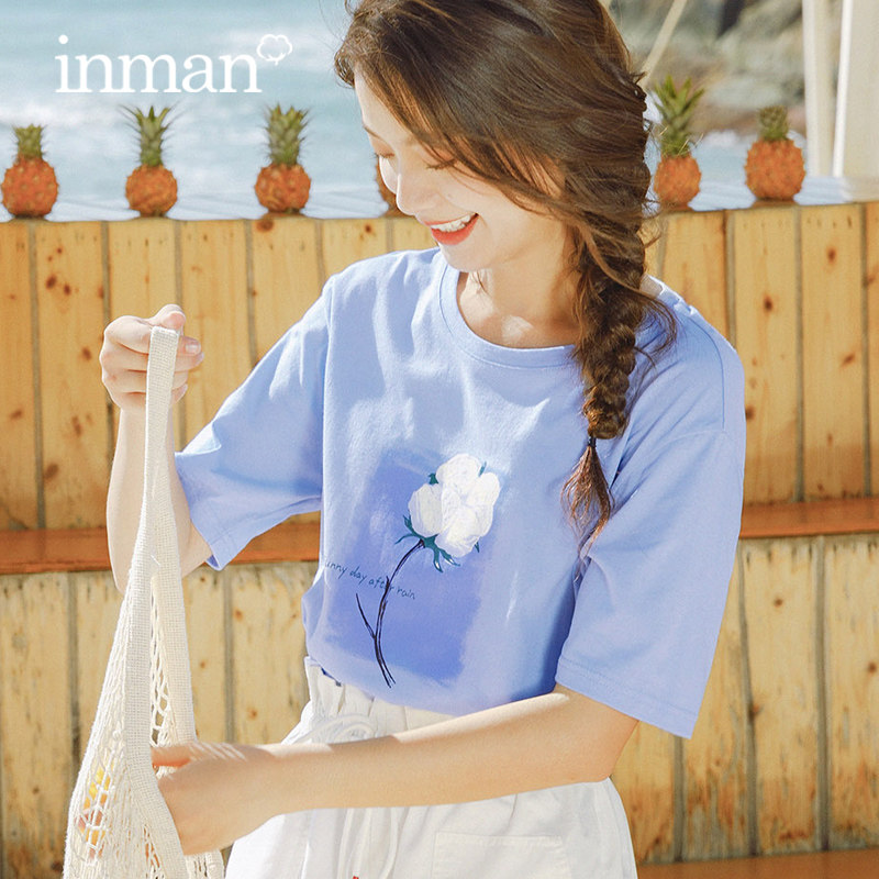 茵曼显瘦短袖t恤女遮肉2020夏装新款宽松纯棉全棉印花小清新上衣