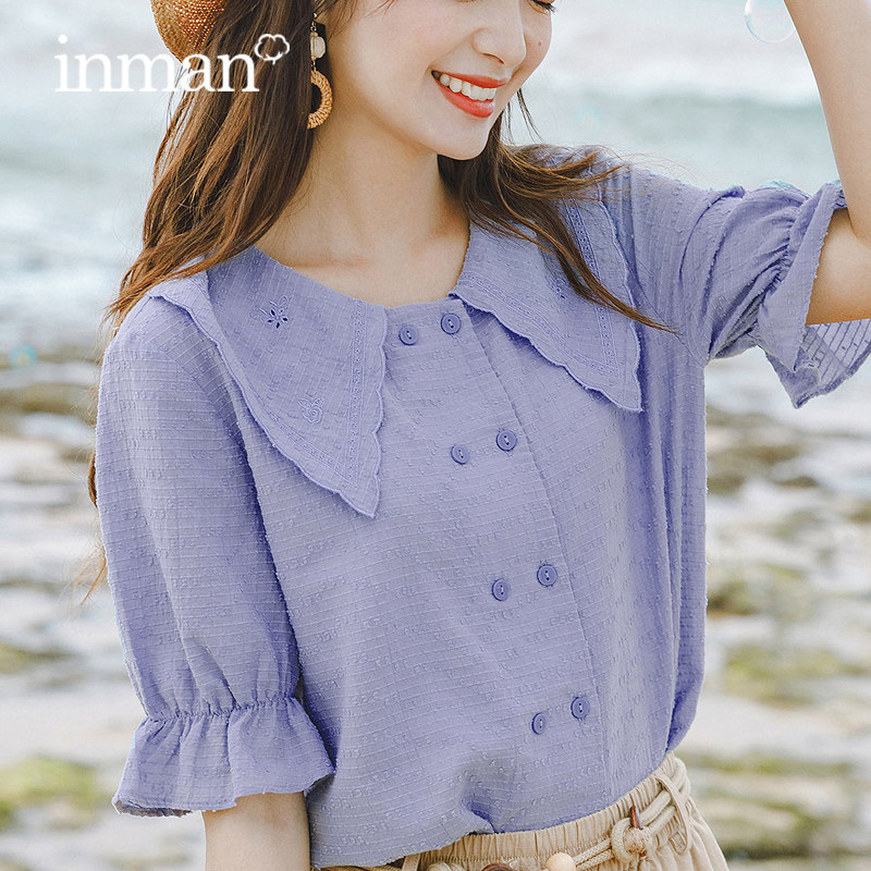 茵曼纯棉衬衫女洋气全棉2020夏装新款娃娃领法式紫色短袖甜美上衣