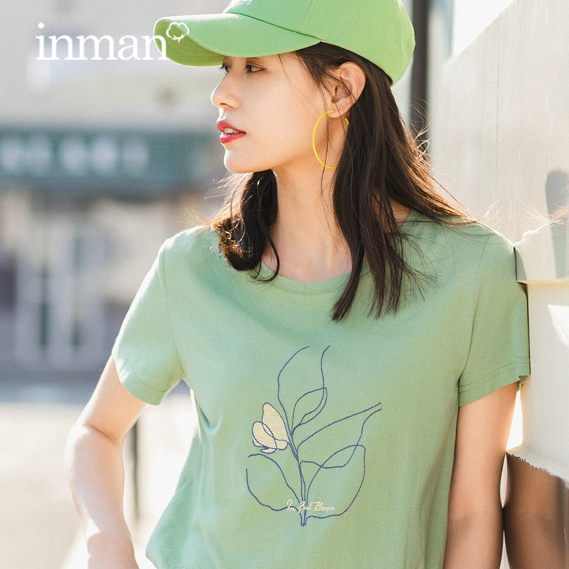 茵曼旗舰店绿色纯棉短袖t恤女2020夏装新款全棉刺绣显瘦遮肉上衣