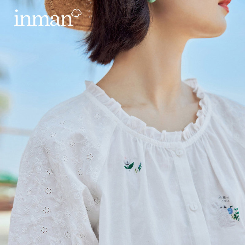 茵曼娃娃衫上衣韩版夏季宽松圆领套头甜美绣花露肩五分袖衬衫女