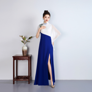 高端走秀旗袍气质优雅模特形体礼仪A字裙加长年会演出服女拼接款