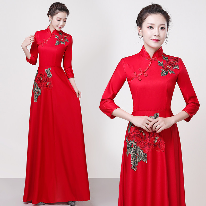 旗袍2022长款礼仪小姐迎宾服长款舞台走秀大合唱演出服酒店礼仪服