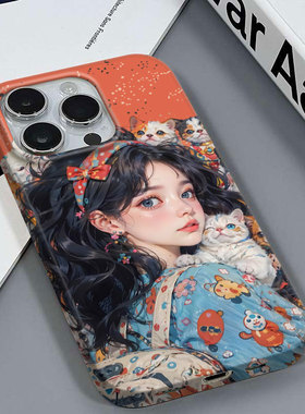 女孩抱猫适用于苹果16PRO/XR高档学生党安卓荣耀X60PROIQOO8VIVOY70S5G版红米K50电竞三星A04S菲林硬壳手机壳