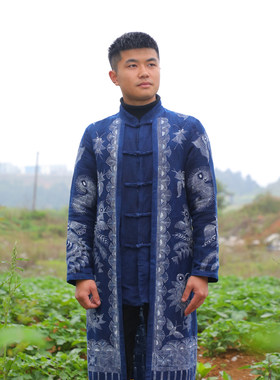 蜡染唐装定制新款中国风长款立领盘口棉麻外套民族活动衣服芦笙服