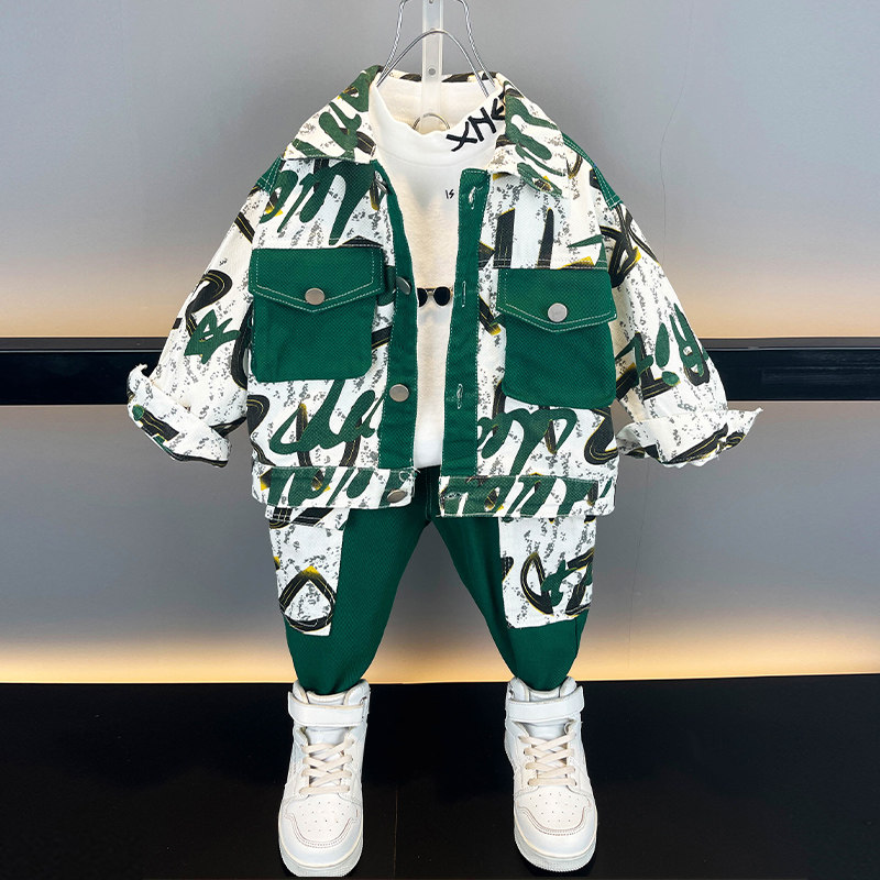 아동복 소년 봄 가을 정장 2023 새로운 스타일 어린이 4 세 잘 생긴 봄 7 소년 한국 스타일 작업복 투피스 세트 유행