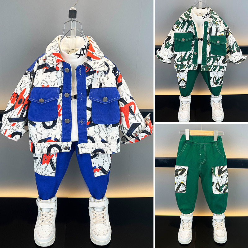 아동복 소년 봄 가을 정장 2023 새로운 스타일 어린이 4 세 잘 생긴 봄 7 소년 한국 스타일 작업복 투피스 세트 유행