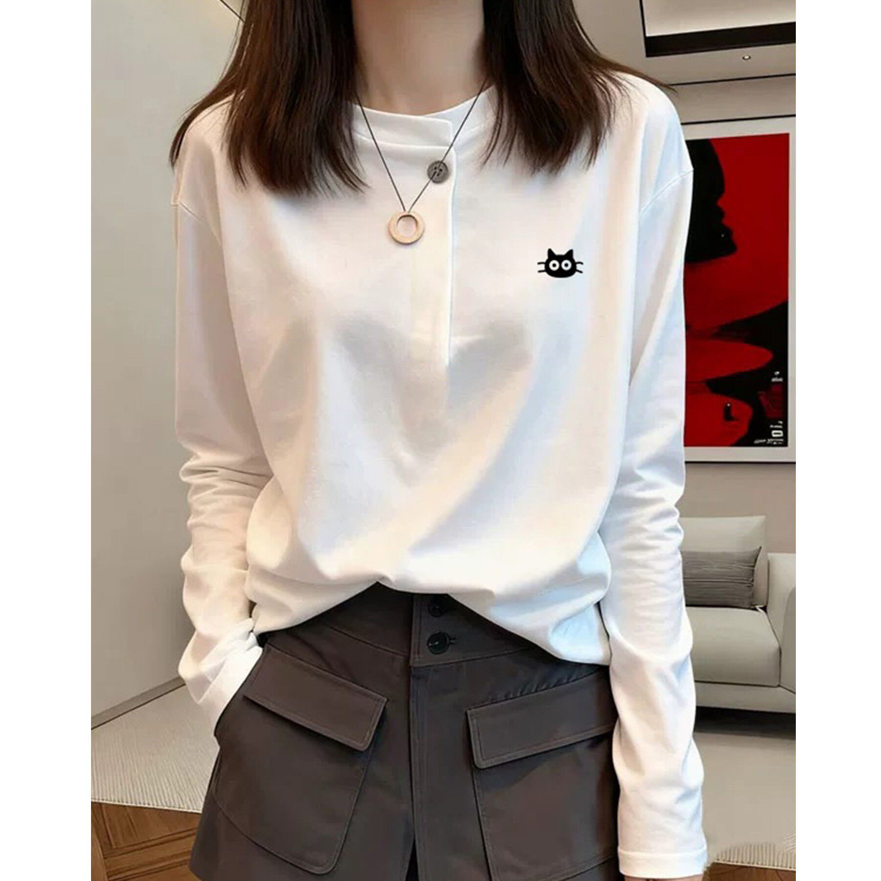 2026春季新款韩版宽松显瘦百搭圆领长袖T恤女休闲打底衫上衣