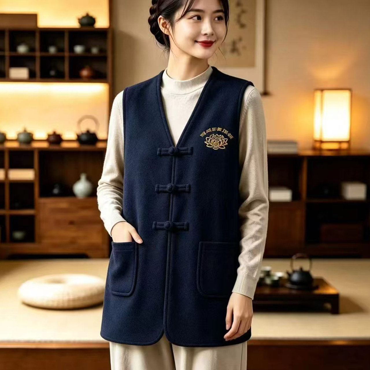 秋冬毛呢绒寺院义工服居士服尚远中式盘扣马甲女国风背心批量定制