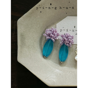 瓶花pinghua手作 古董珠淡紫海蓝色串珠耳环耳钉 复古小众耳夹
