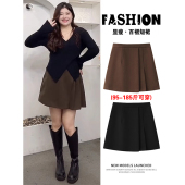 咖色毛呢a字半身裙女秋冬大码 不规则短裙胖mm高腰遮胯显瘦百褶裙