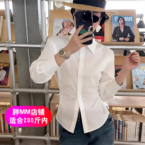 白色翻领捏褶收腰衬衫女春夏大码设计感宽松遮肚显瘦衬衣长袖上衣