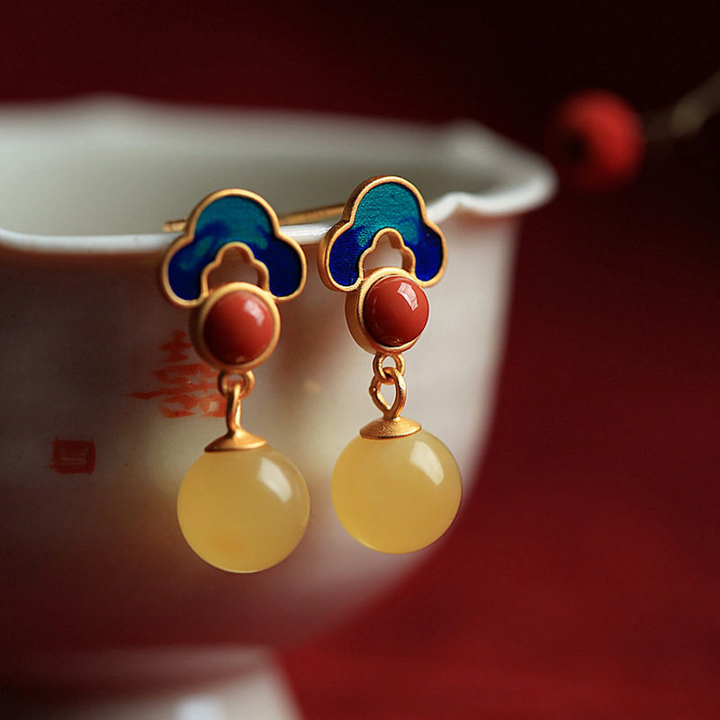 中国风纯银古法金天然蜜蜡琥珀宫廷复古高级感耳环女耳钉耳坠耳饰