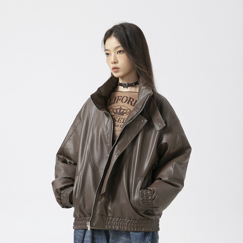 原B429-234YR09261多拼接皮料羽绒服新标90绒多色大码P285-K418图片