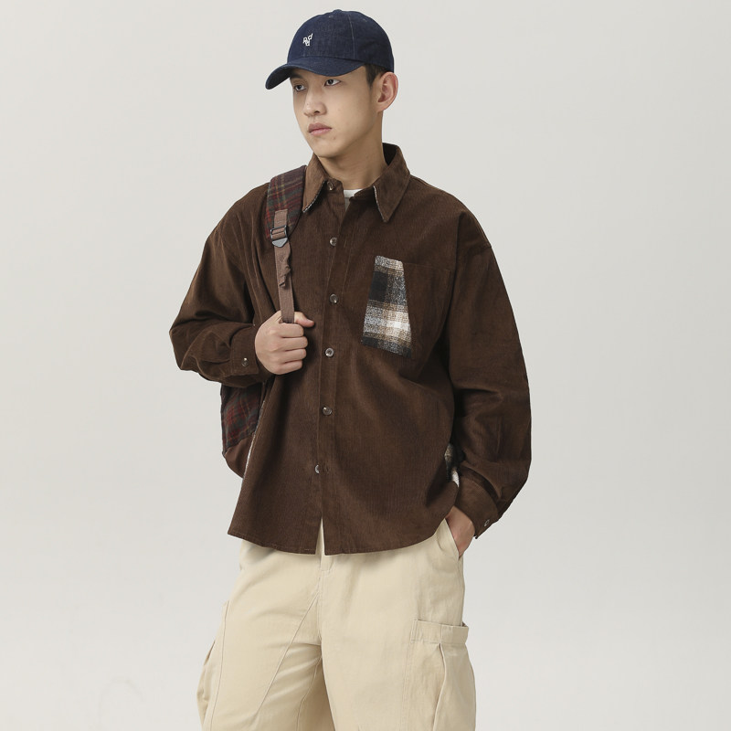 山一商店 243CS09147 纯棉灯芯绒格纹斜向拼接衬衫P85 K118秋季图片