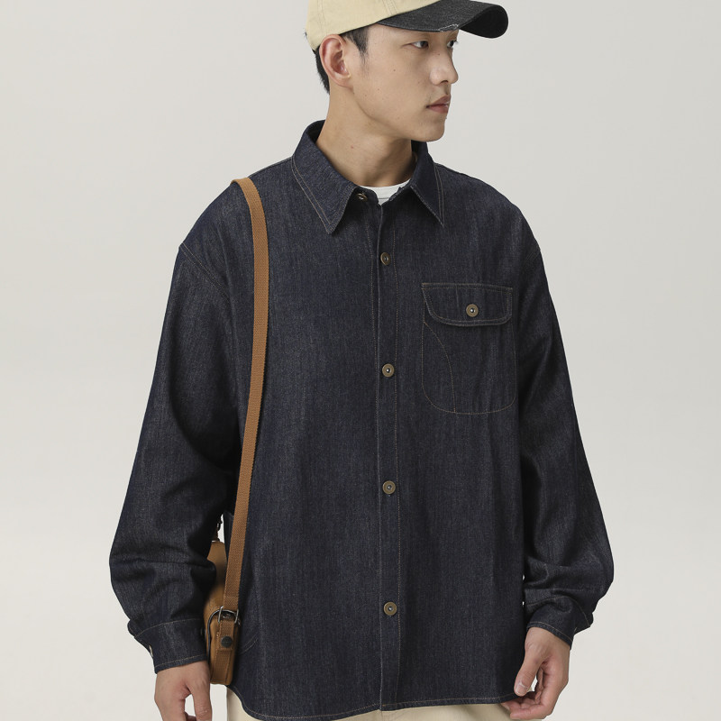 山一商店243CS09176日系撞色线水洗原色牛仔衬衫P95K128秋季,男装衬衫,电商S003