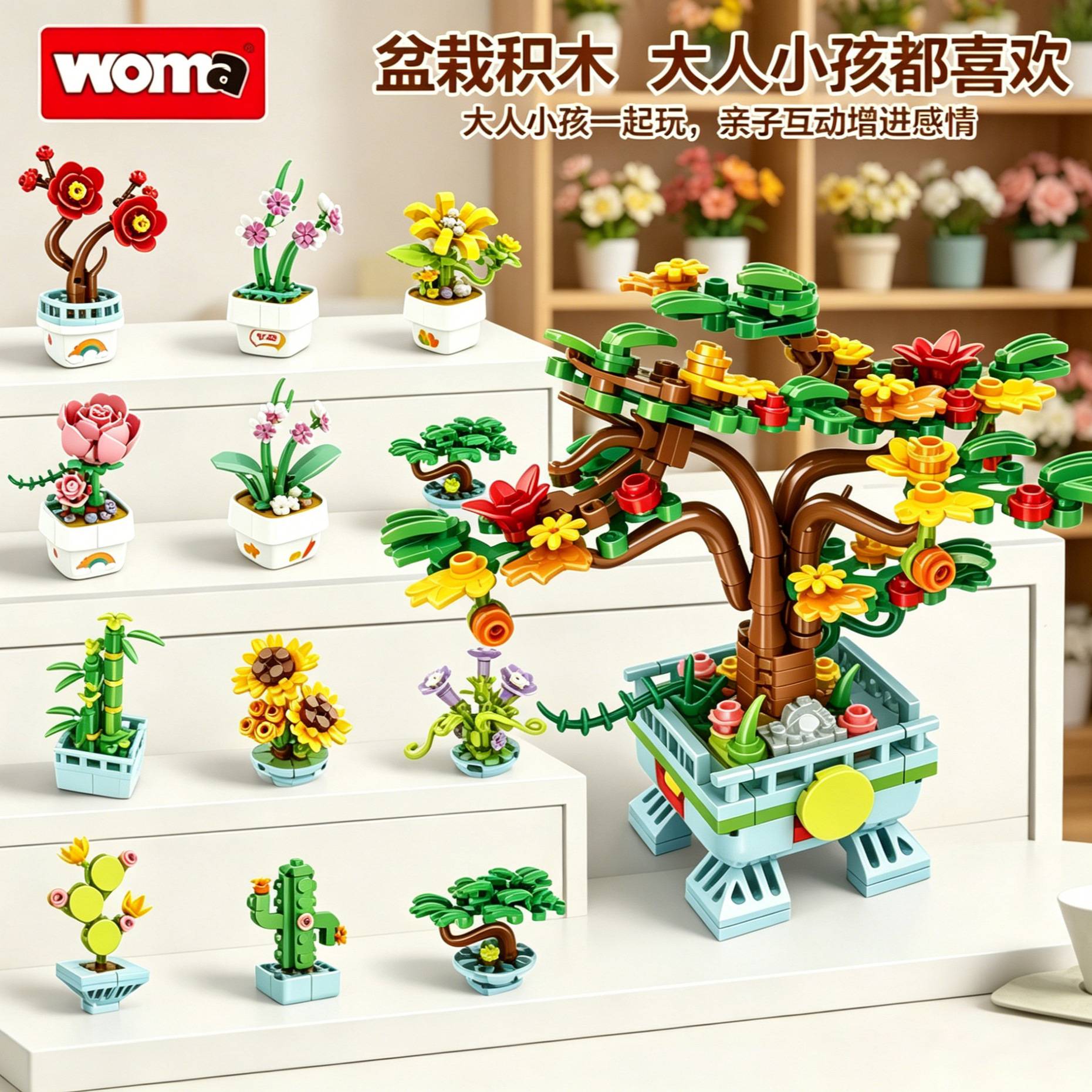沃马积木儿童益智拼装摆件植物图片